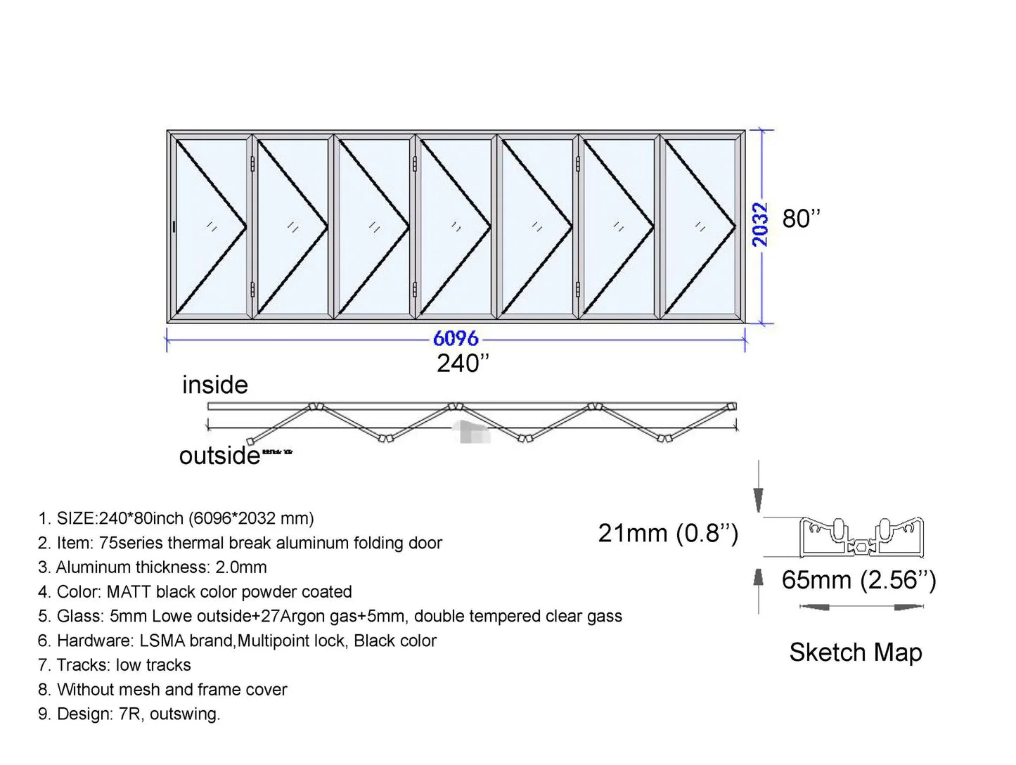 240"x80" Custom Energy Efficient Aluminum Bifold Door