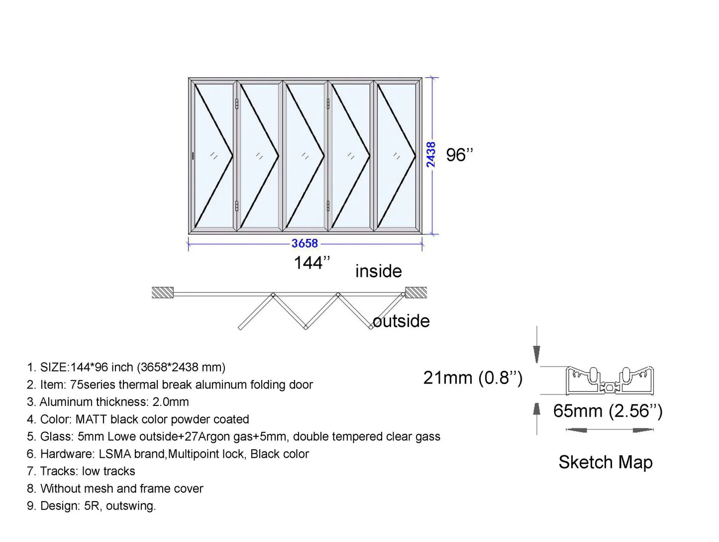144" x 96" Custom Energy-Efficient Aluminum Bifold Door