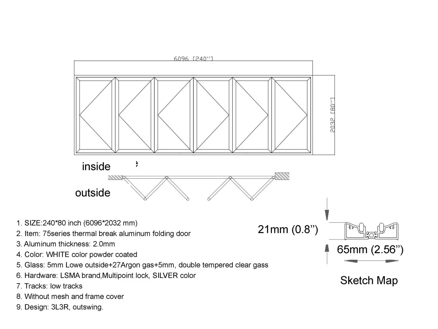 240"x80" Custom Energy Efficient Aluminum Bifold Door