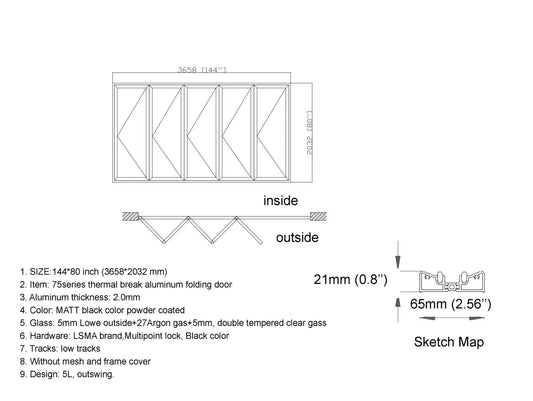 144"x80" Custom Energy Efficient Aluminum Bifold Door