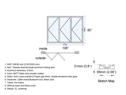 108" x 80" Custom Energy Efficient Aluminum Bifold Door
