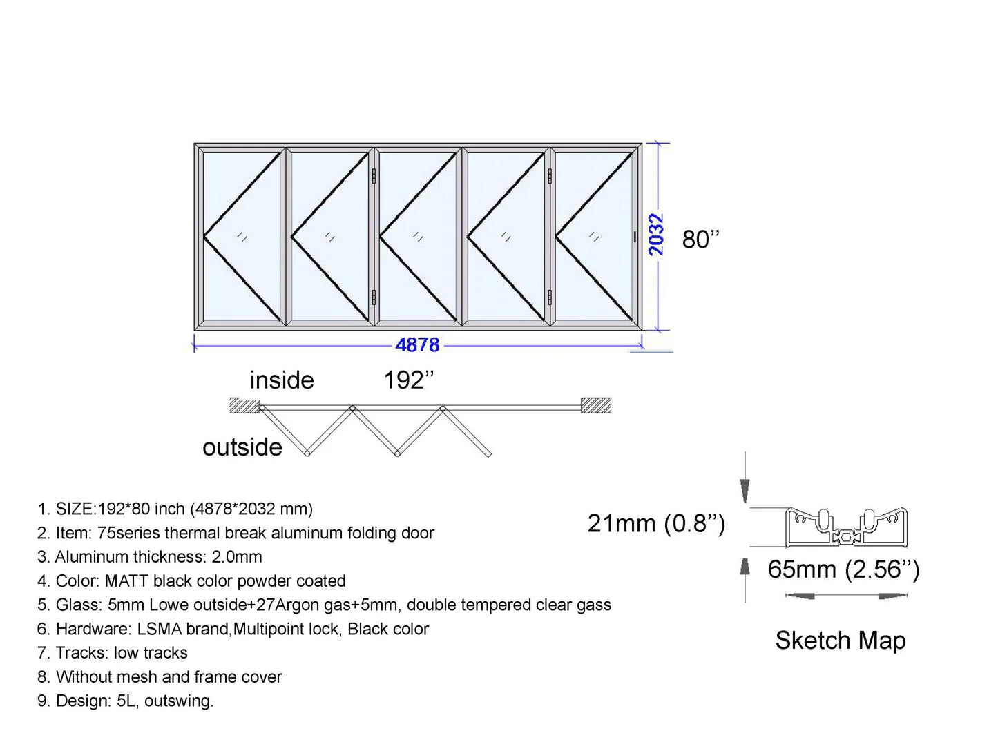 192"x 80" Custom Energy Efficient Aluminum Bifold Door