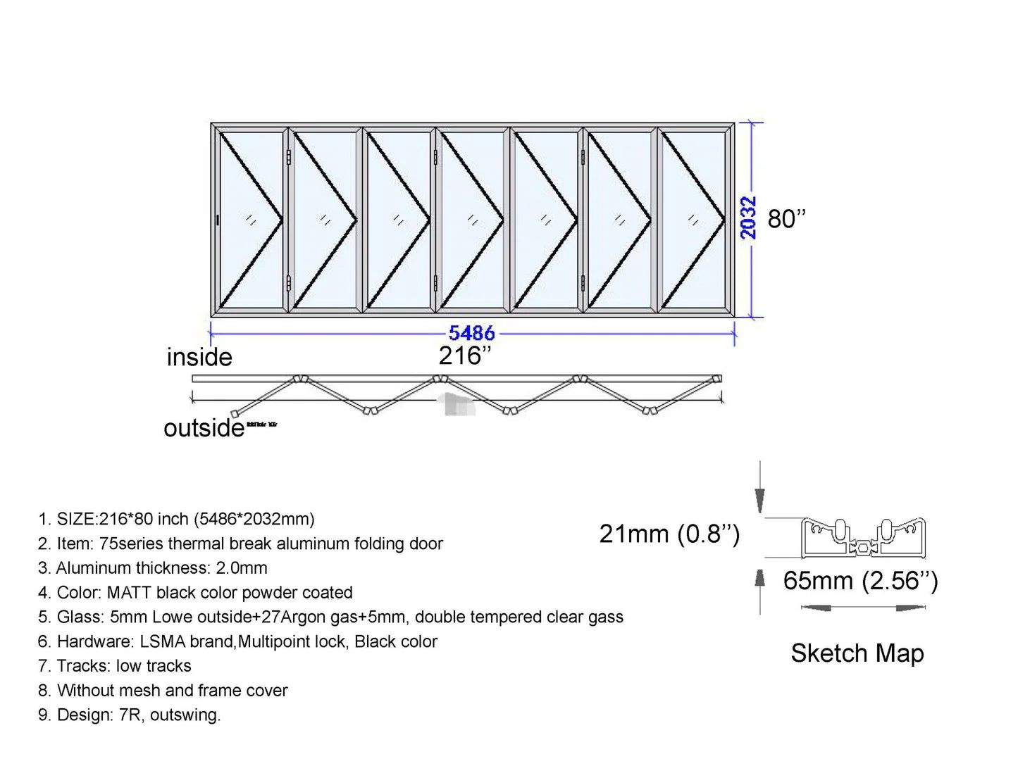 216"x80" Custom Energy Efficient Aluminum Bifold Door