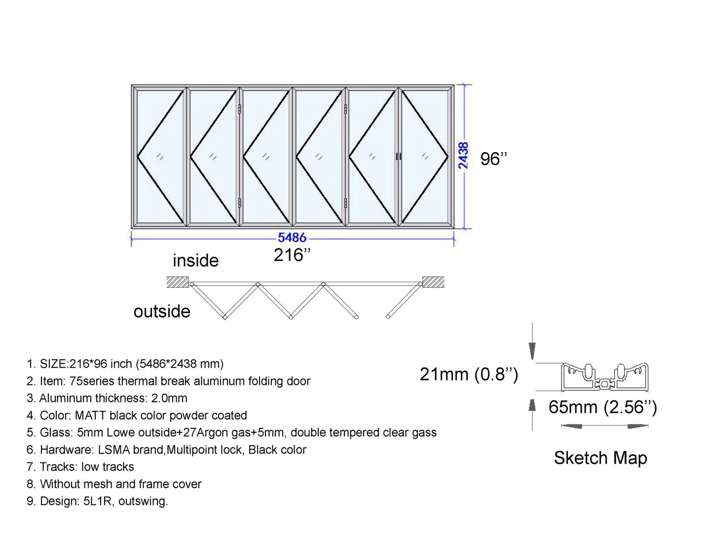 216"x96" Custom Energy Efficient Aluminum Bifold Door