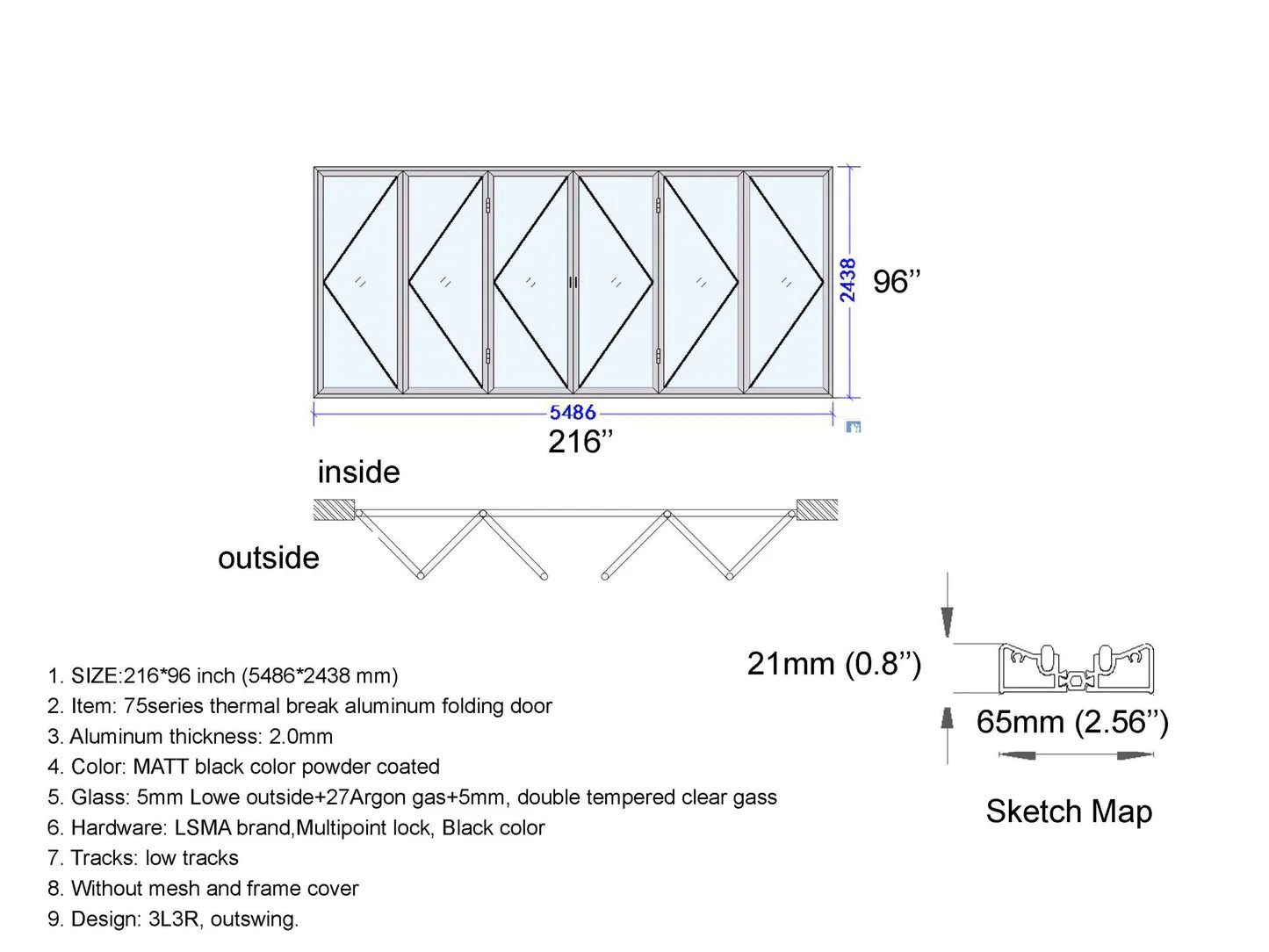 216"x96" Custom Energy Efficient Aluminum Bifold Door