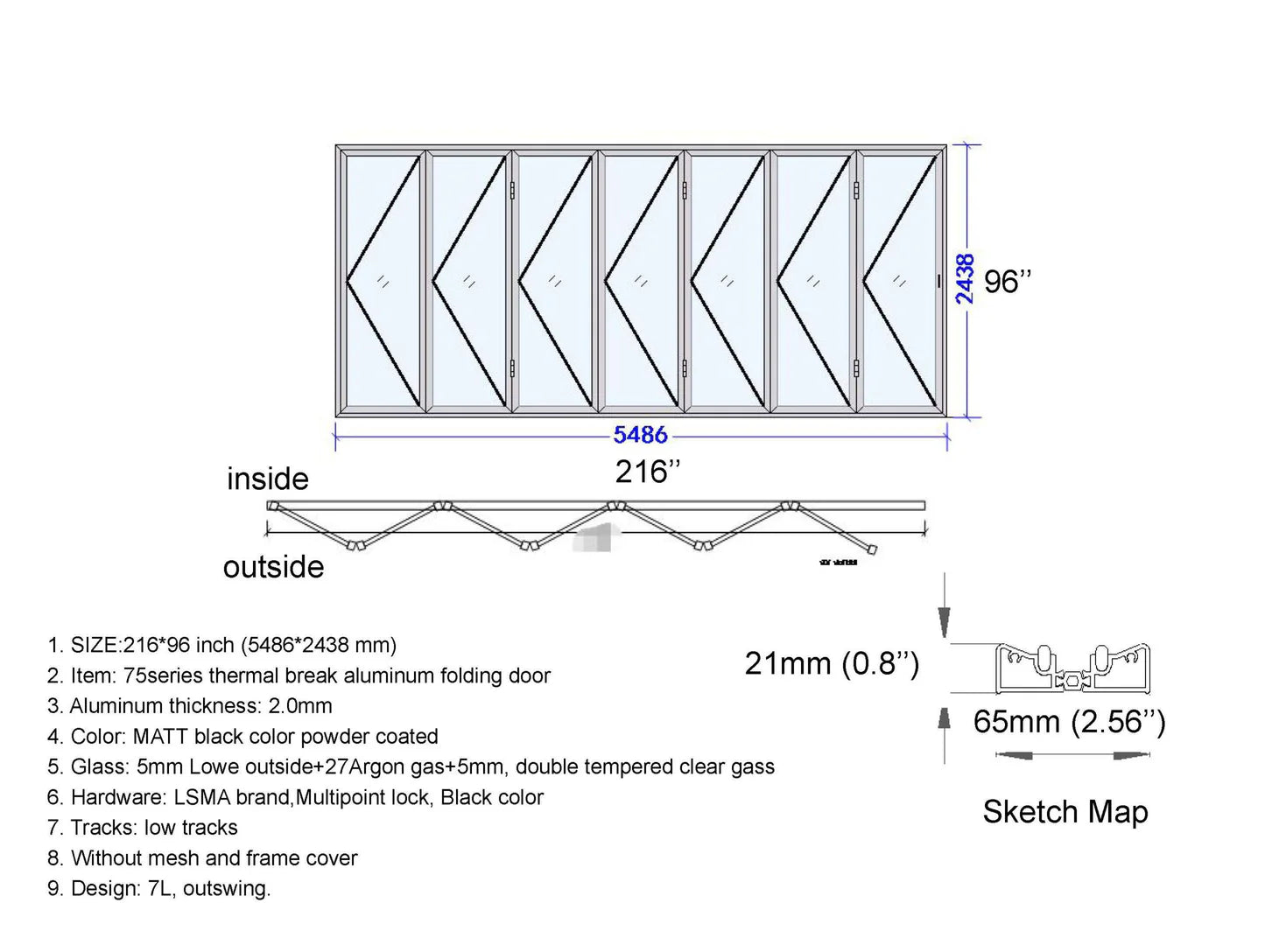 216"x96" Custom Energy Efficient Aluminum Bifold Door