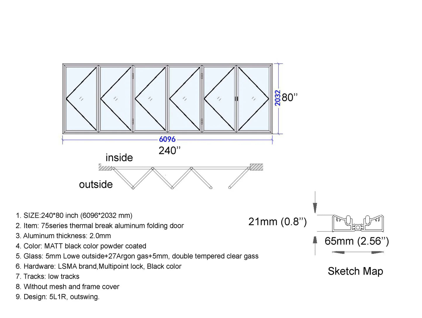 240"x80" Custom Energy Efficient Aluminum Bifold Door
