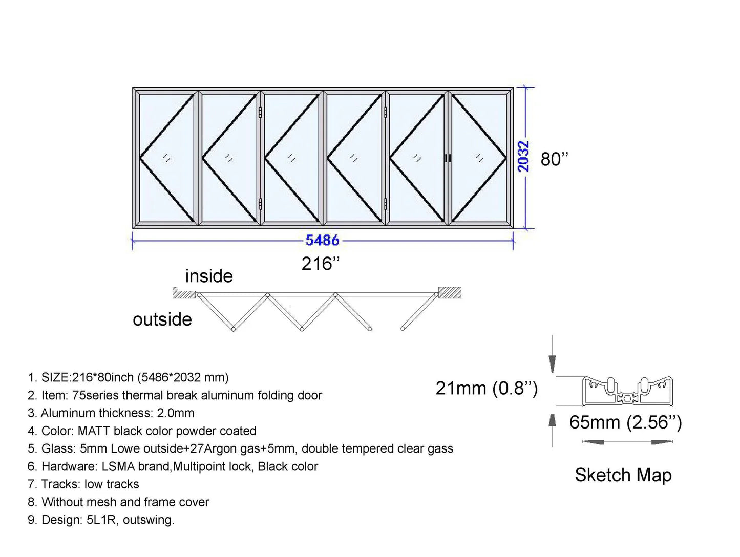 216"x80" Custom Energy Efficient Aluminum Bifold Door