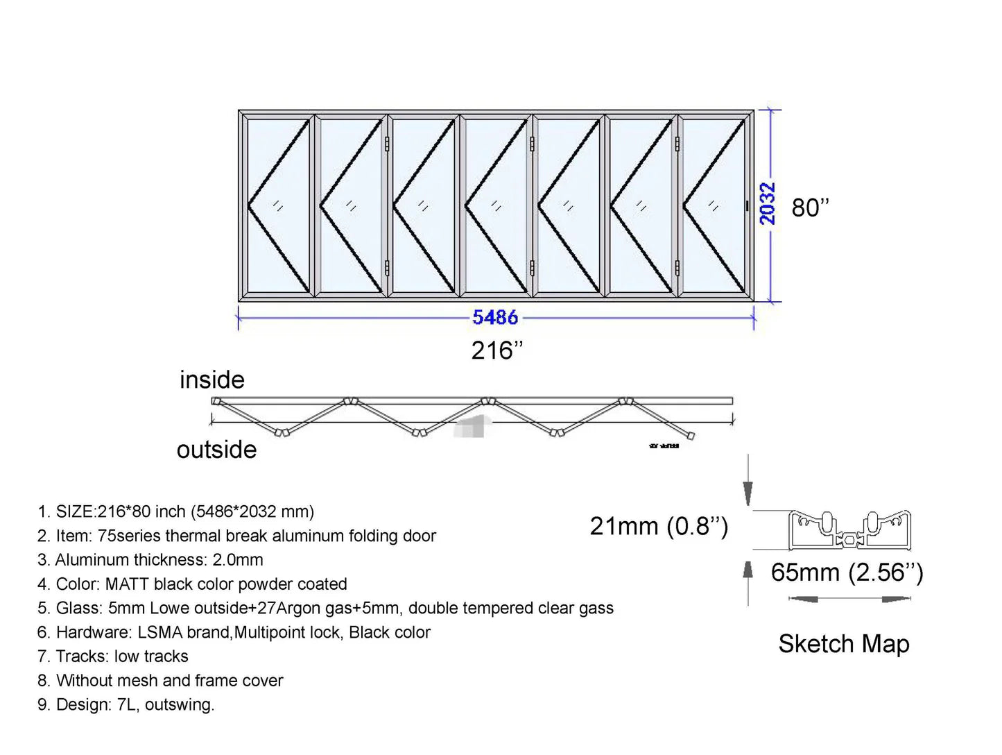 216"x80" Custom Energy Efficient Aluminum Bifold Door