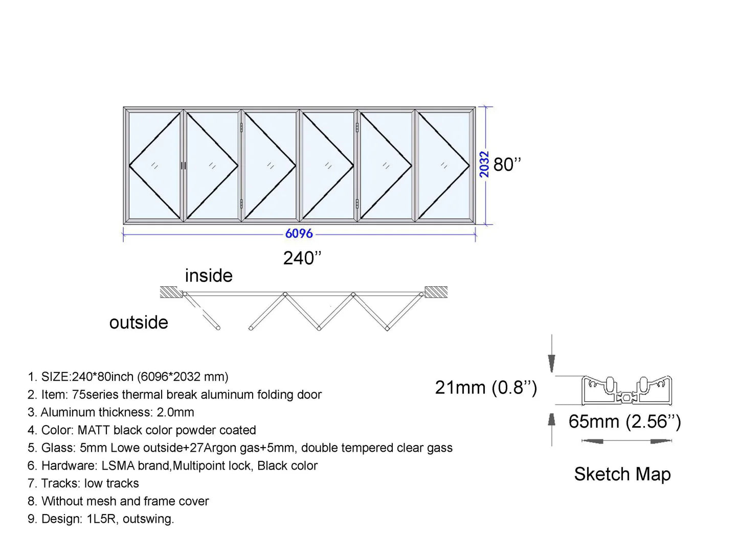 240"x80" Custom Energy Efficient Aluminum Bifold Door