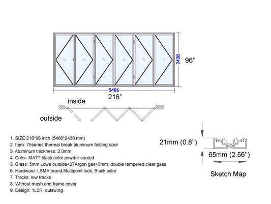 216"x96" Custom Energy Efficient Aluminum Bifold Door