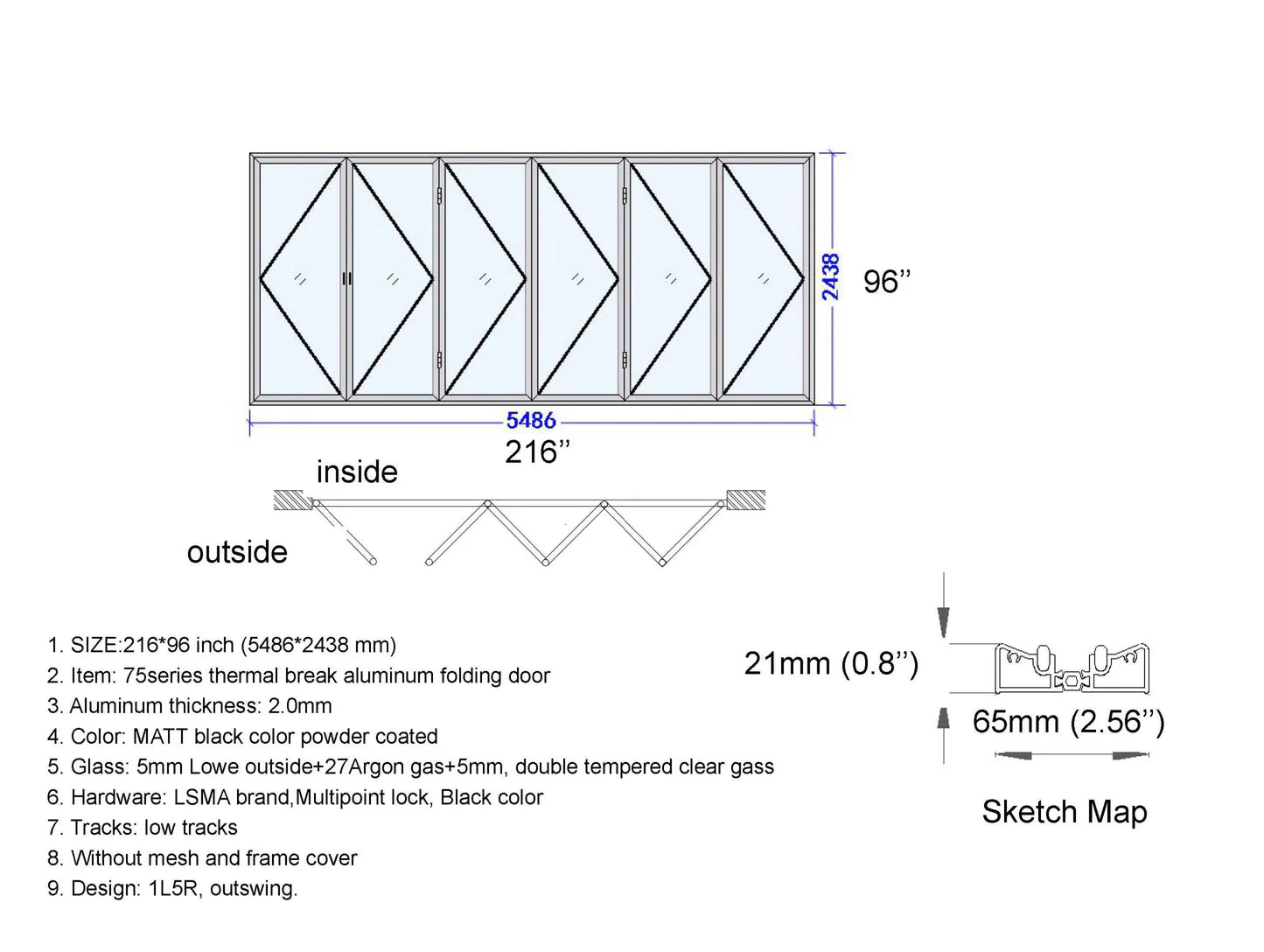 216"x96" Custom Energy Efficient Aluminum Bifold Door