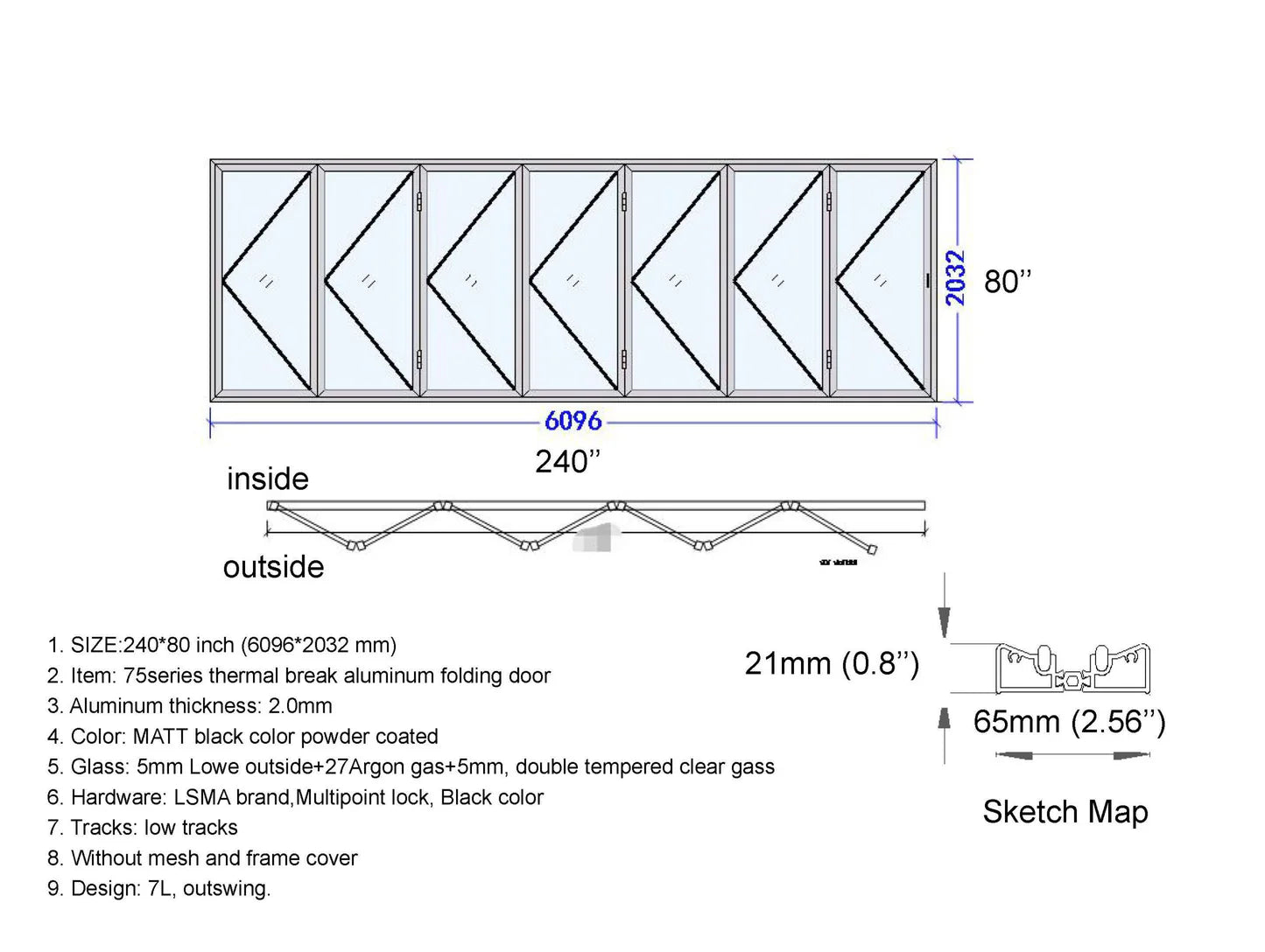 240"x80" Custom Energy Efficient Aluminum Bifold Door