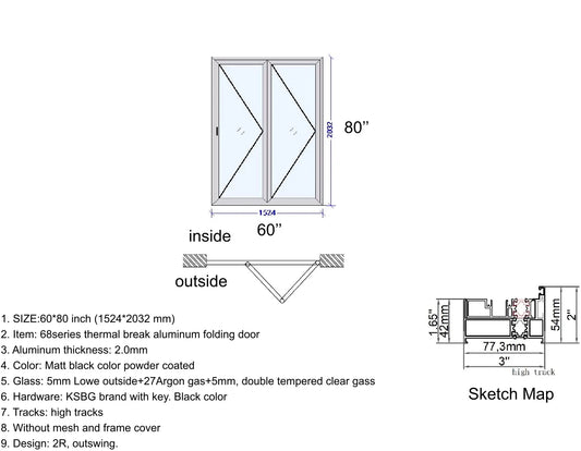 60" x80" Custom Energy-Efficient Aluminum Bifold Door