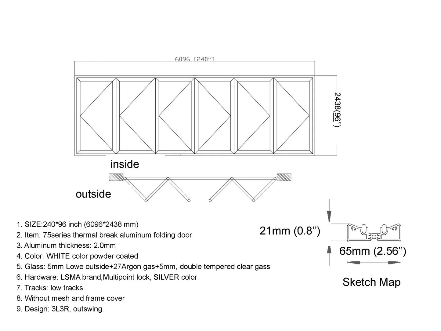 240" x 96" Custom Energy Efficient Aluminum Bifold Door