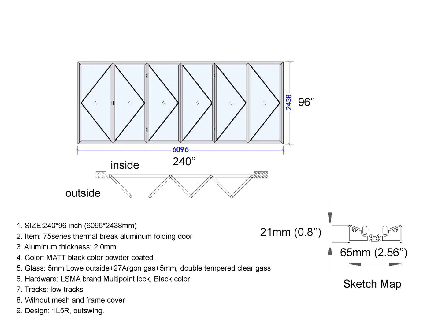 240" x 96" Custom Energy Efficient Aluminum Bifold Door